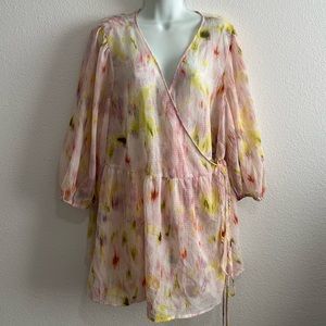 NEW Future Collective Women's  watercolor 3/4 Sleeve V-Neck Wrap Top Sz 1X